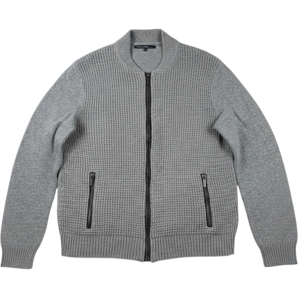 Kenneth Cole Full Zip Cardigan Mens XL Gray Good Waffle Knit Bomber Sweater